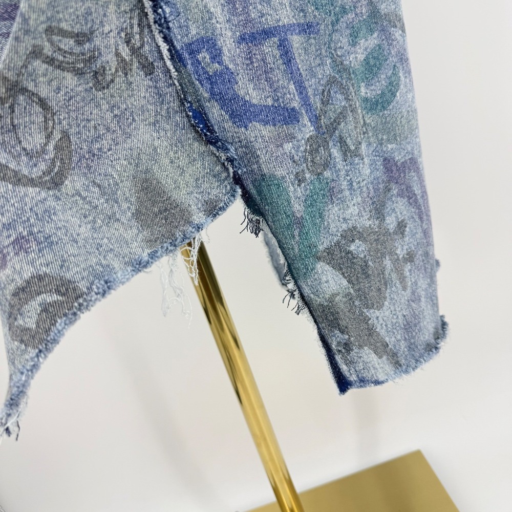 Upcycled Thrashed Denim Skirt Asymmetrical Raw Hem Patchwork Grunge Y2K 2 Punk - Picture 5 of 7